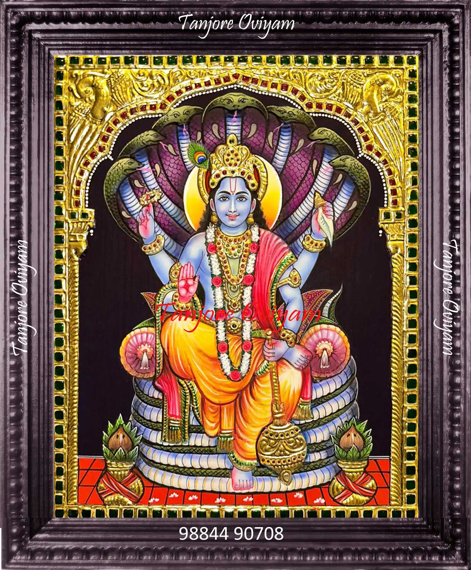 Vishnu Tanjore painting depicting Lord Vishnu seated under serpent hood with gold foil work in traditional Thanjavur style